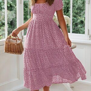 Women's Spring Summer Casual Cute Boho Floral Print Long Midi Dress- Pink
